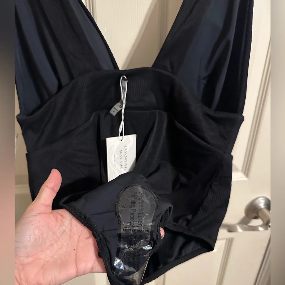 Coastal Waves Ribbed One-Piece Swimsuit w Deep-V & Wide Straps, Black, Sz 1X
